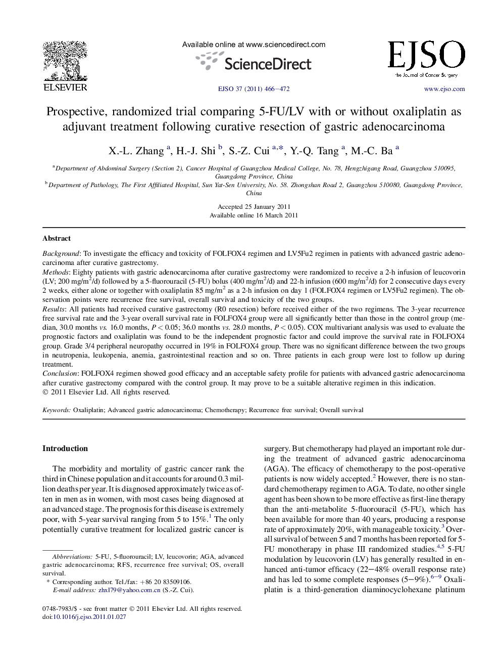 عکس صفحه اول مقاله: Prospective, randomized trial comparing 5-FU/LV with or without oxaliplatin as adjuvant treatment following curative resection of gastric adenocarcinoma Prospective, randomized trial comparing 5-FU/LV with or without oxaliplatin as adjuvant treatment following curative resection of gastric adenocarcinoma