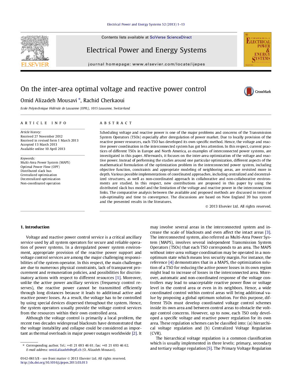 On the inter-area optimal voltage and reactive power control