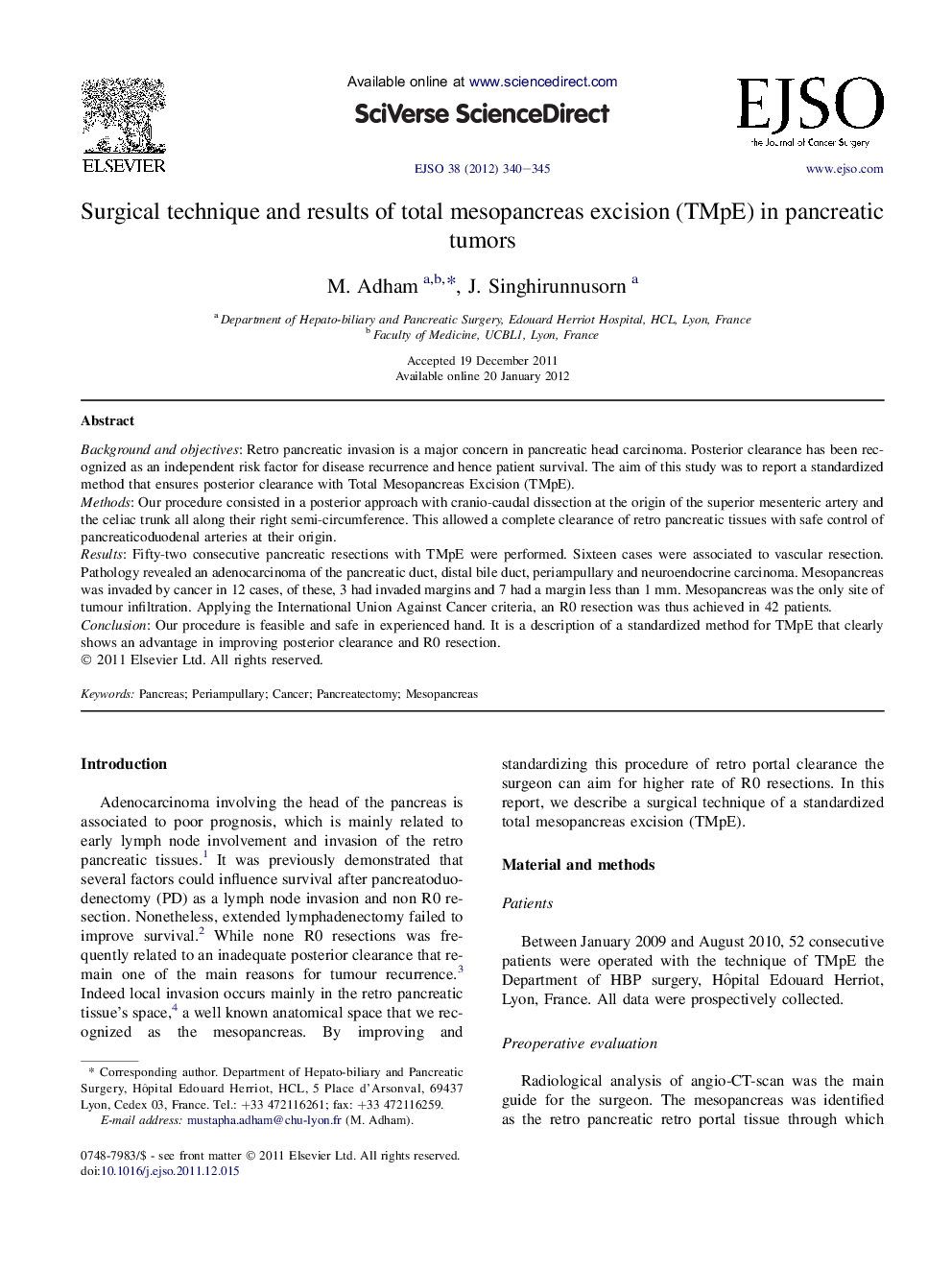 Surgical technique and results of total mesopancreas excision (TMpE) in pancreatic tumors