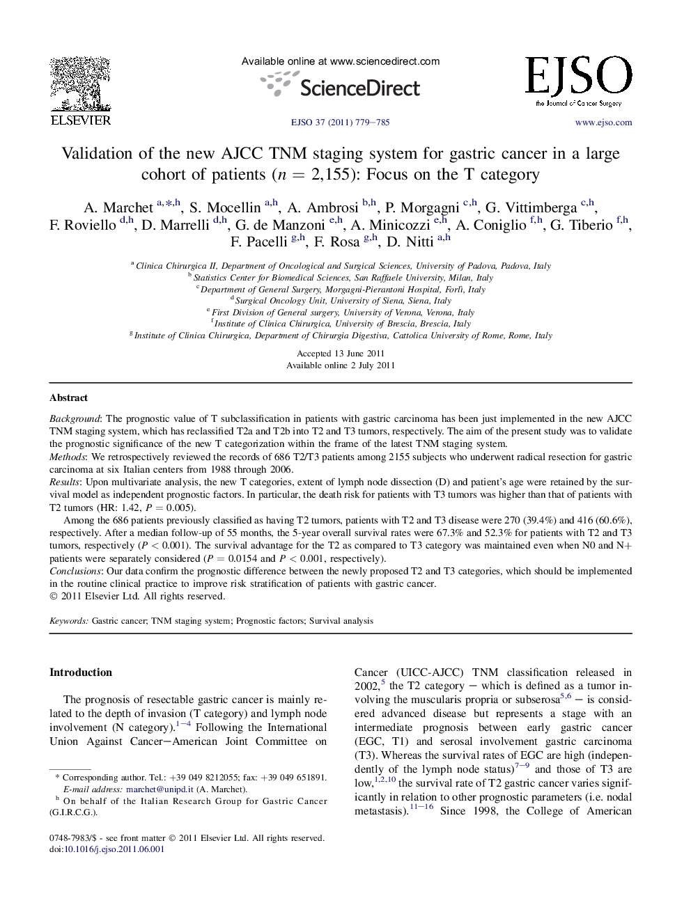 Validation of the new AJCC TNM staging system for gastric cancer in a large cohort of patients (n = 2,155): Focus on the T category