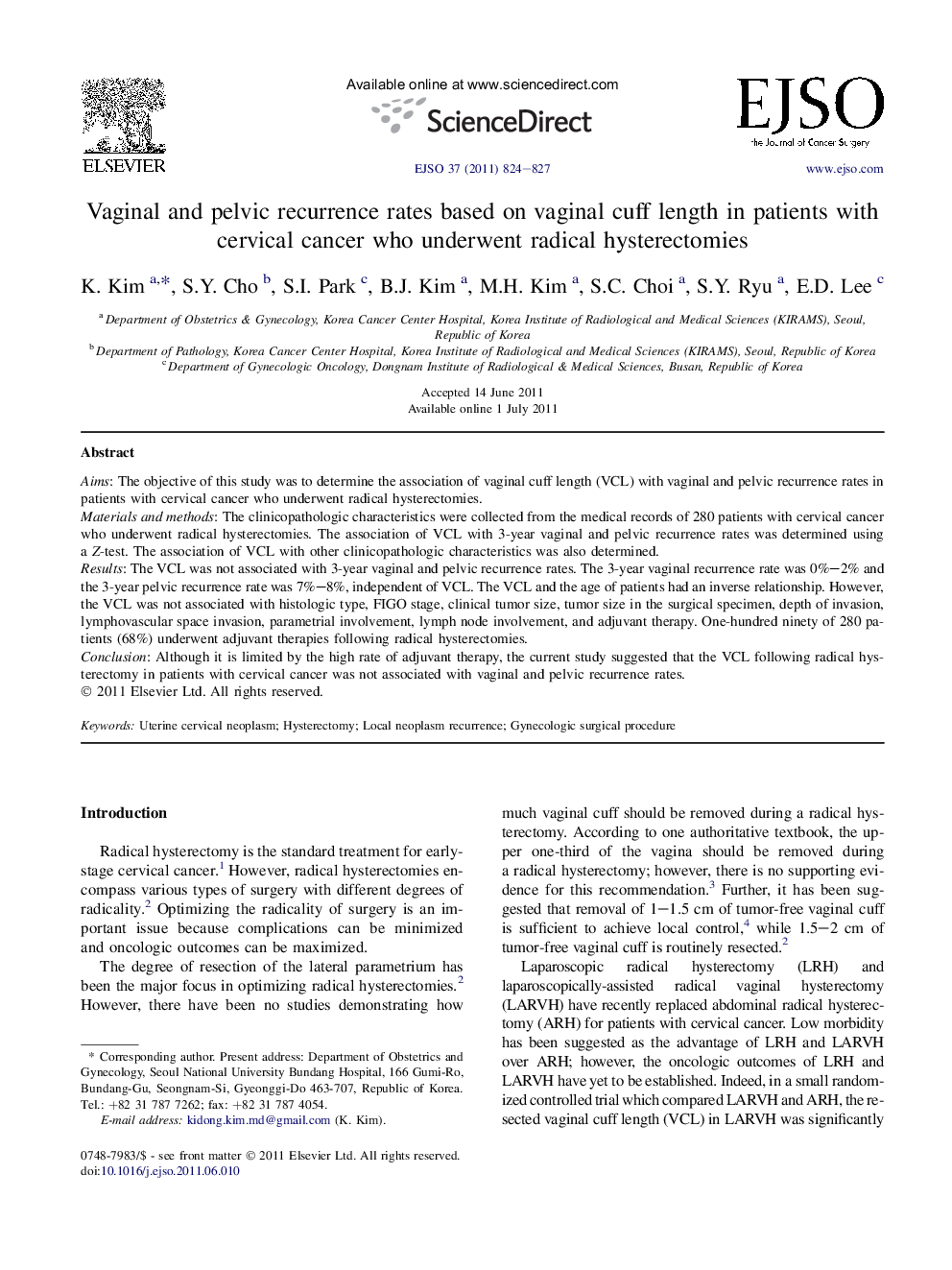 Vaginal and pelvic recurrence rates based on vaginal cuff length in patients with cervical cancer who underwent radical hysterectomies