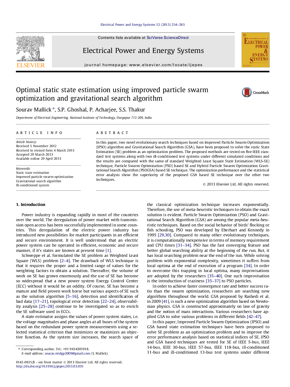 Optimal static state estimation using improved particle swarm optimization and gravitational search algorithm