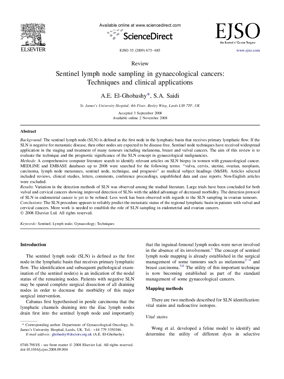 Sentinel lymph node sampling in gynaecological cancers: Techniques and clinical applications