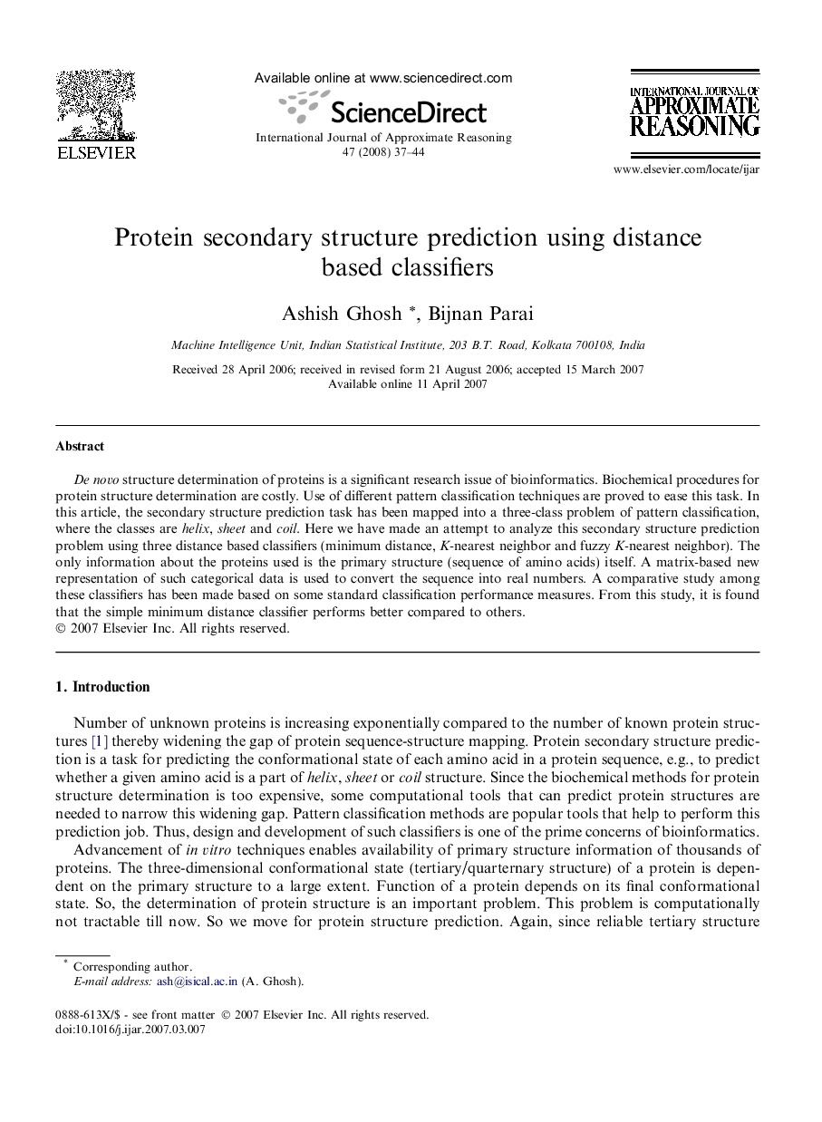 Protein secondary structure prediction using distance based classifiers