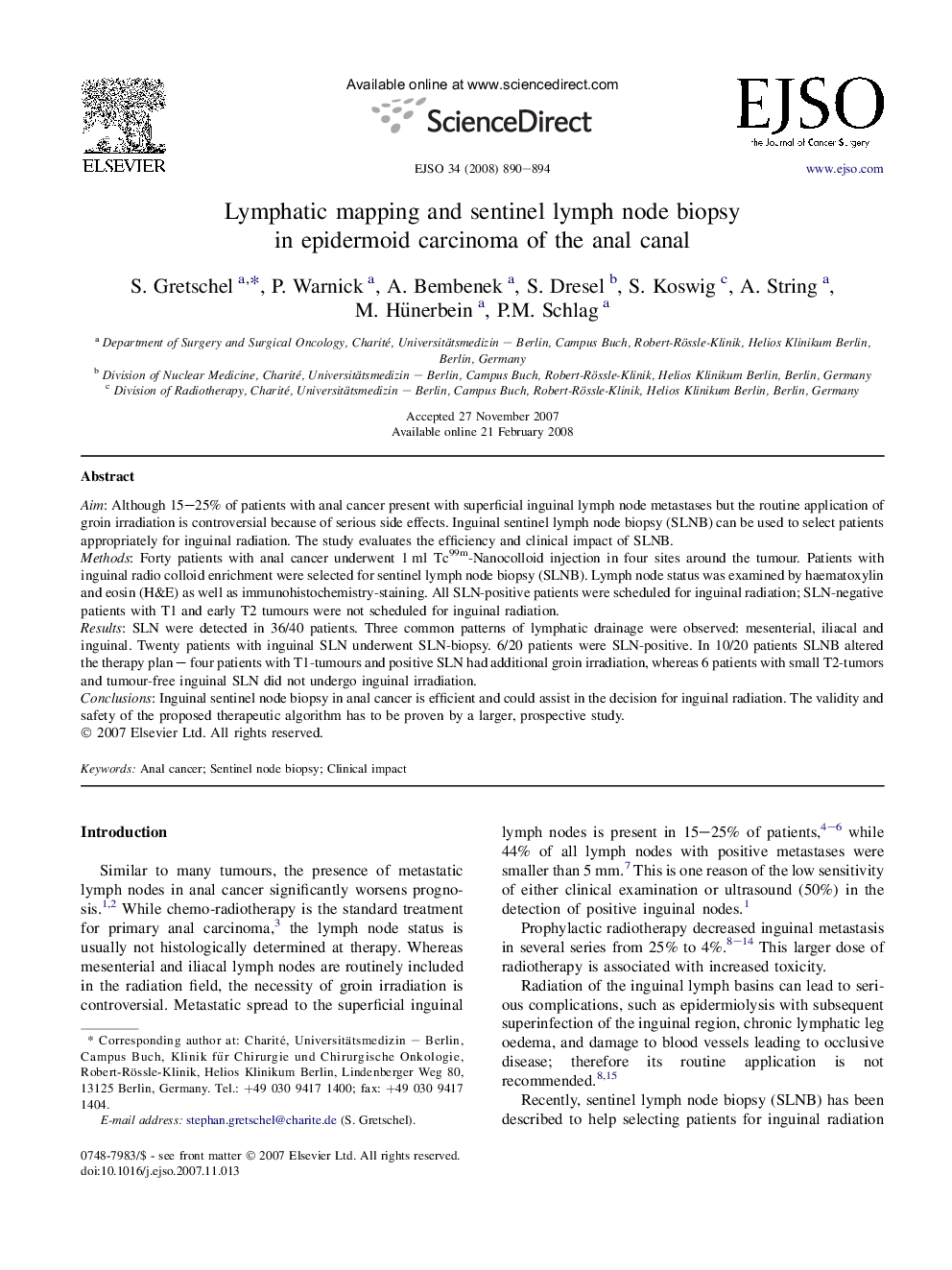 Lymphatic mapping and sentinel lymph node biopsy in epidermoid carcinoma of the anal canal