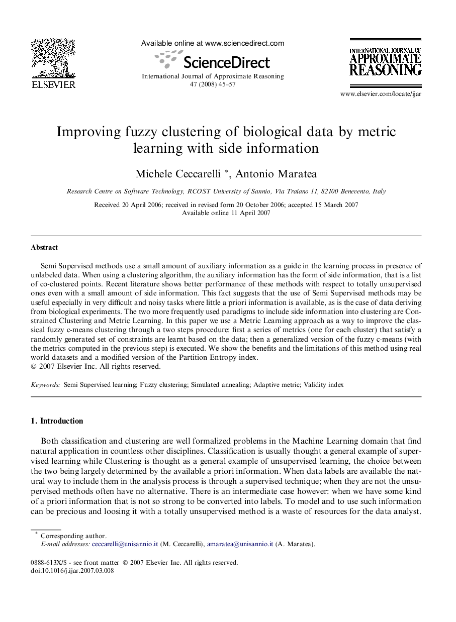 Improving fuzzy clustering of biological data by metric learning with side information