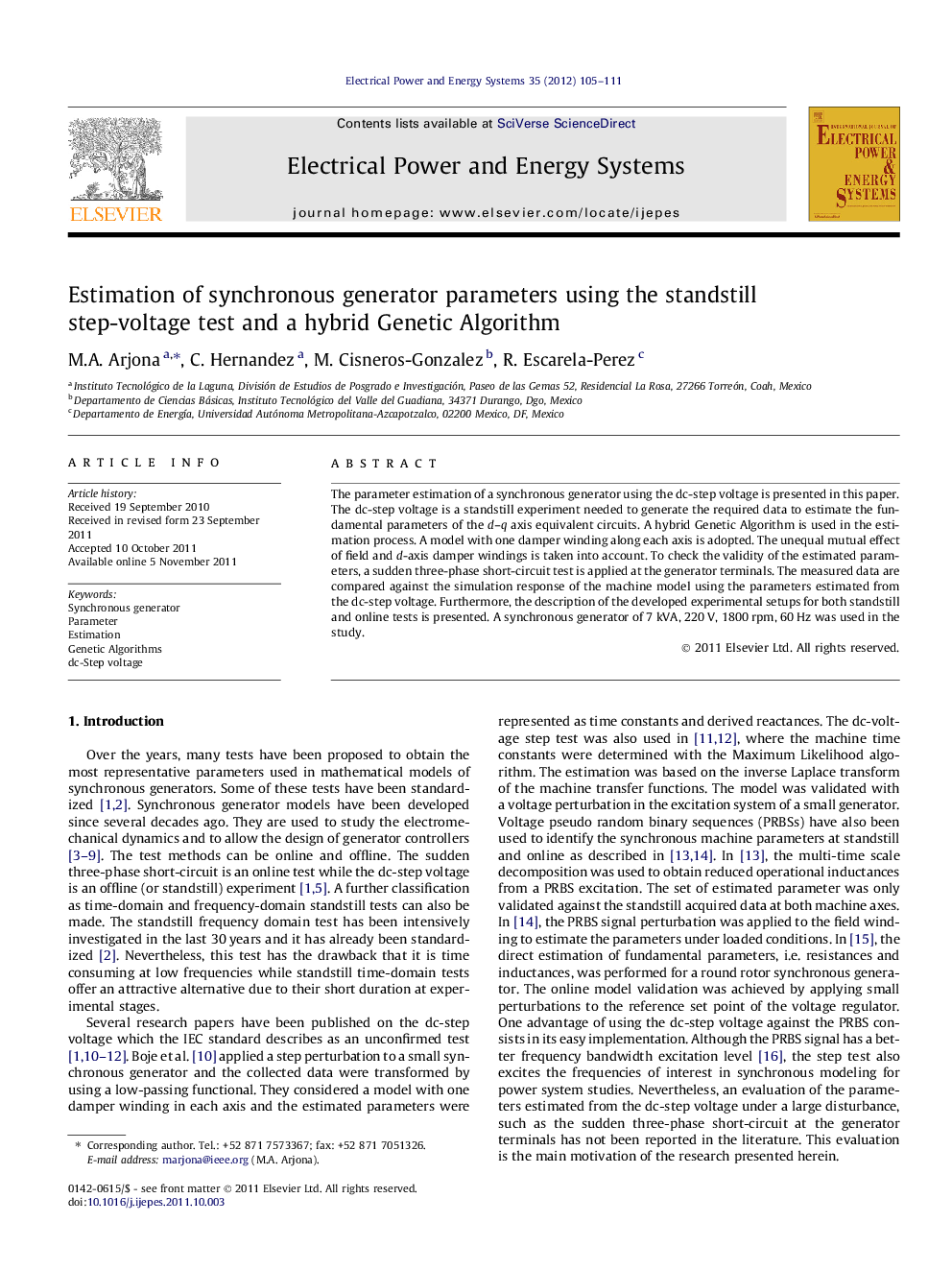 Estimation of synchronous generator parameters using the standstill step-voltage test and a hybrid Genetic Algorithm