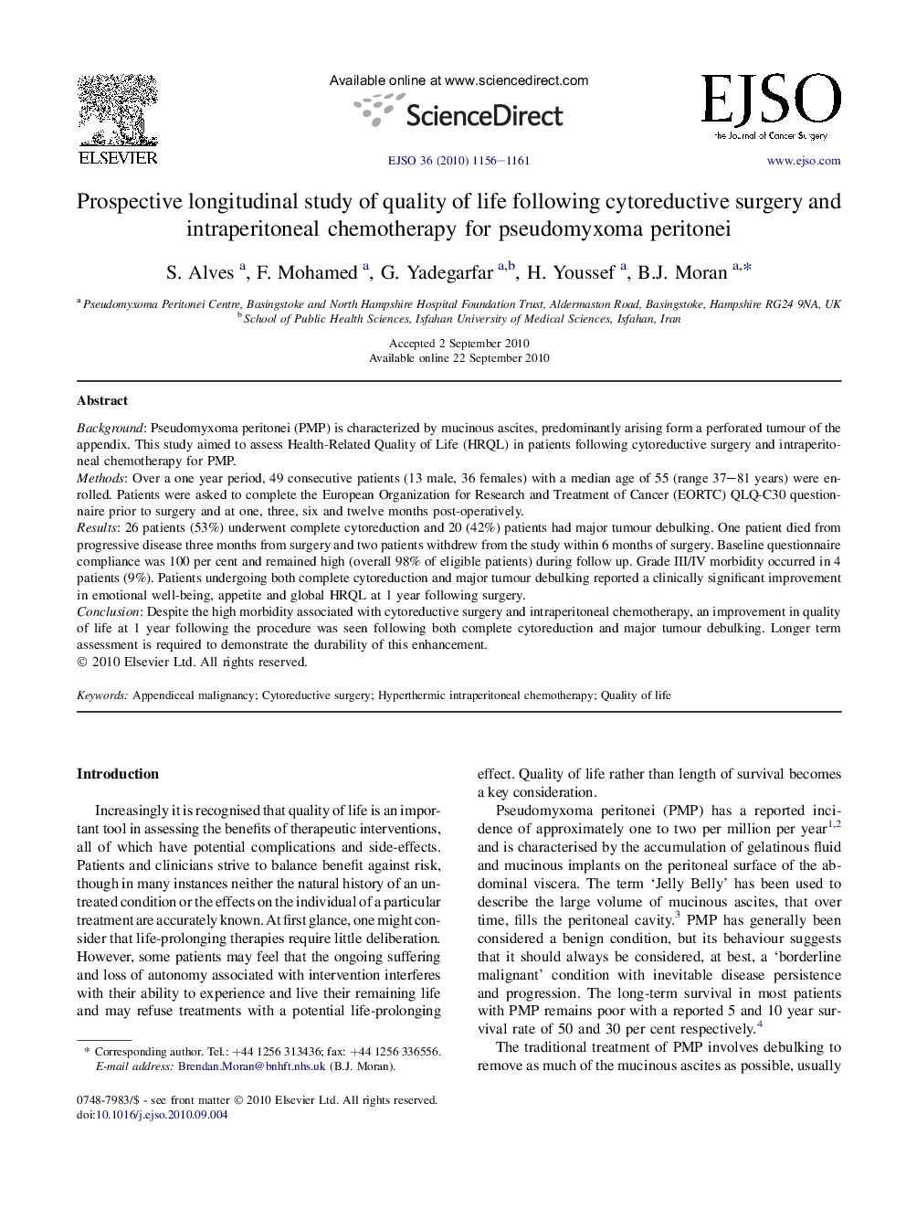 Prospective longitudinal study of quality of life following cytoreductive surgery and intraperitoneal chemotherapy for pseudomyxoma peritonei