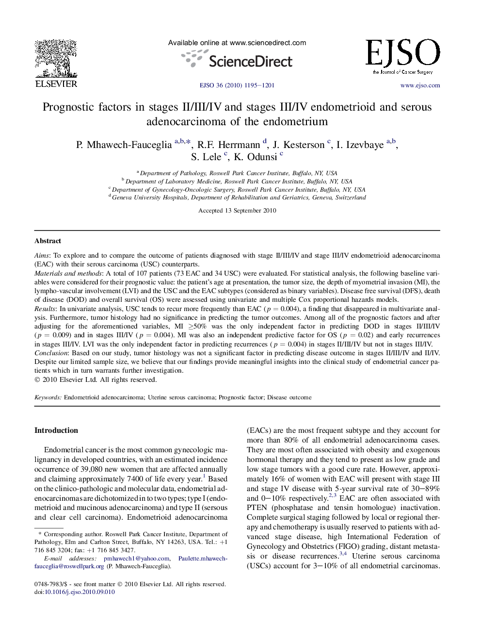 Prognostic factors in stages II/III/IV and stages III/IV endometrioid and serous adenocarcinoma of the endometrium