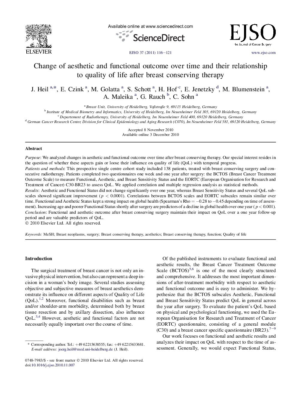 Change of aesthetic and functional outcome over time and their relationship to quality of life after breast conserving therapy