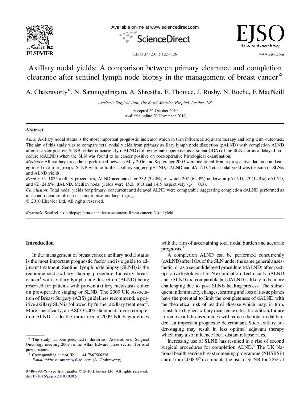 Axillary nodal yields: A comparison between primary clearance and completion clearance after sentinel lymph node biopsy in the management of breast cancer 