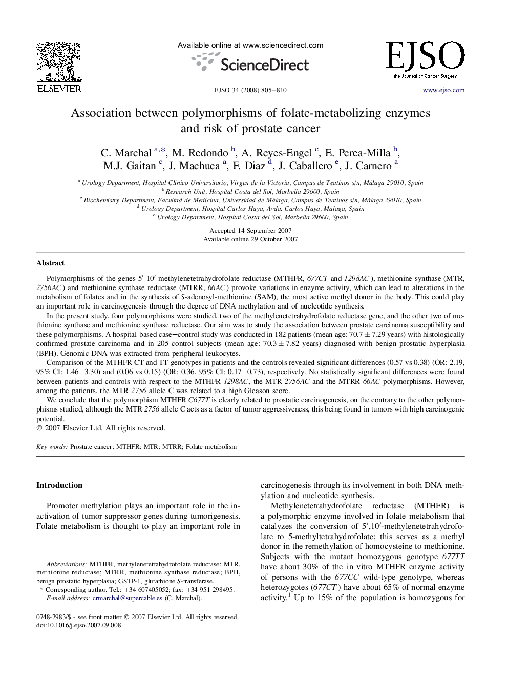 Association between polymorphisms of folate-metabolizing enzymes and risk of prostate cancer