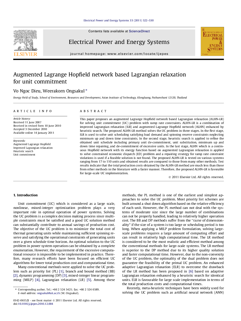 Augmented Lagrange Hopfield network based Lagrangian relaxation for unit commitment