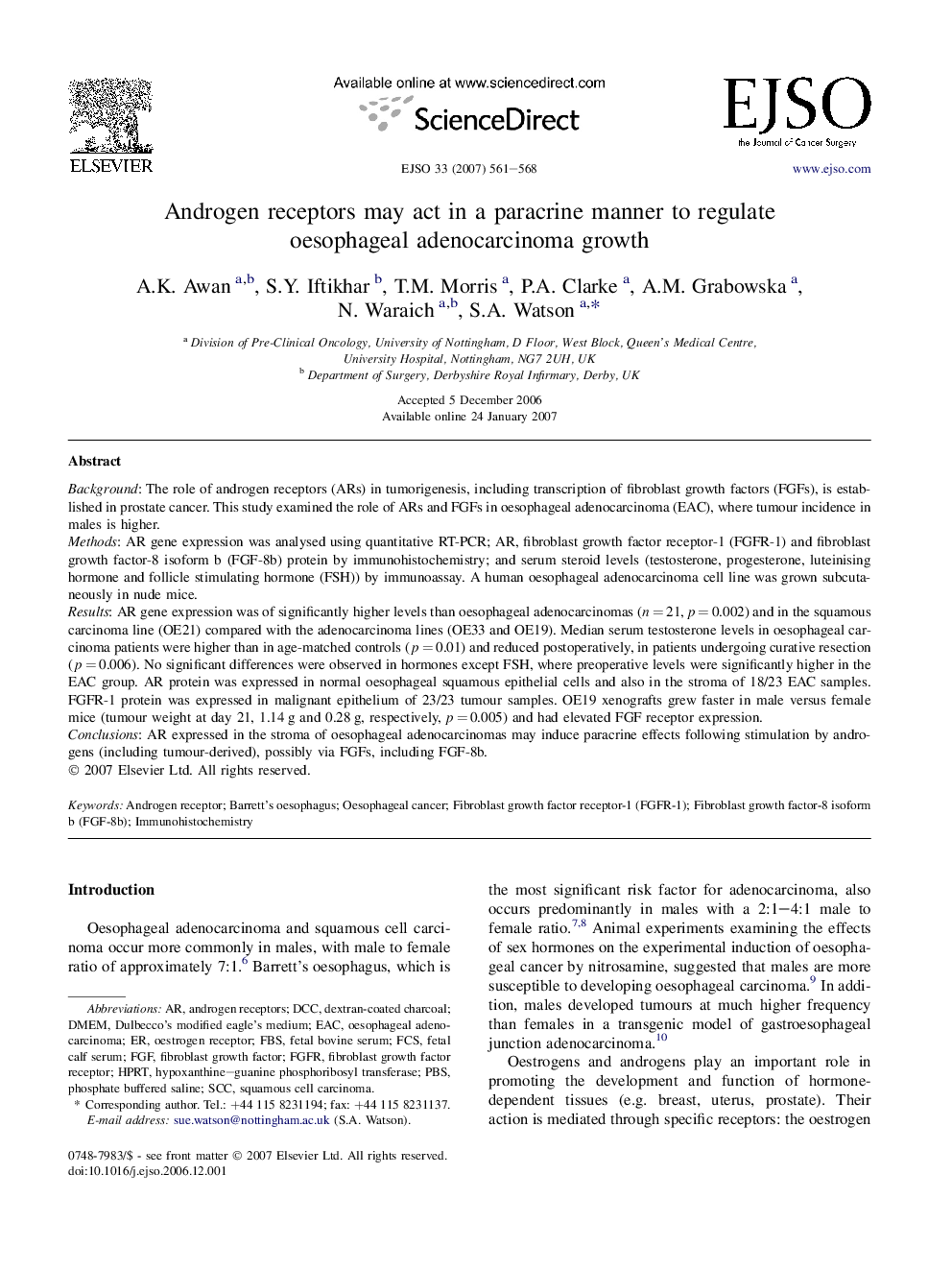 Androgen receptors may act in a paracrine manner to regulate oesophageal adenocarcinoma growth