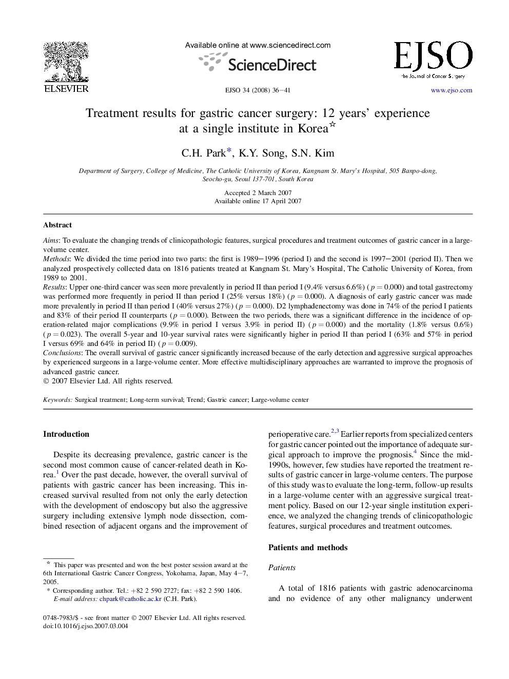 Treatment results for gastric cancer surgery: 12 years’ experience at a single institute in Korea 