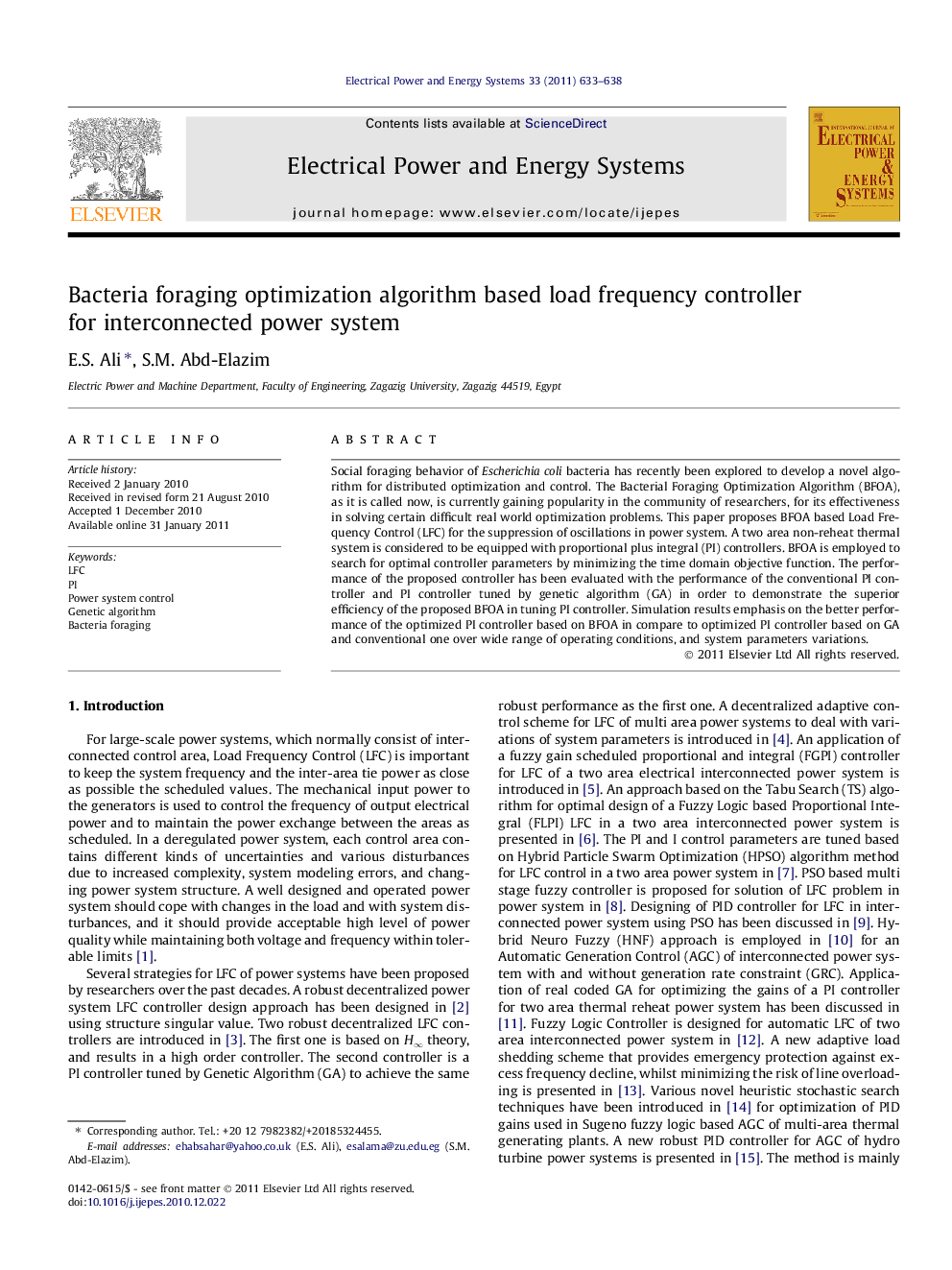 Bacteria foraging optimization algorithm based load frequency controller for interconnected power system