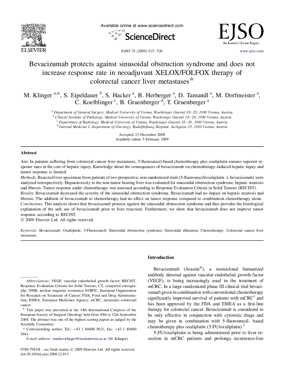 Bevacizumab protects against sinusoidal obstruction syndrome and does not increase response rate in neoadjuvant XELOX/FOLFOX therapy of colorectal cancer liver metastases 