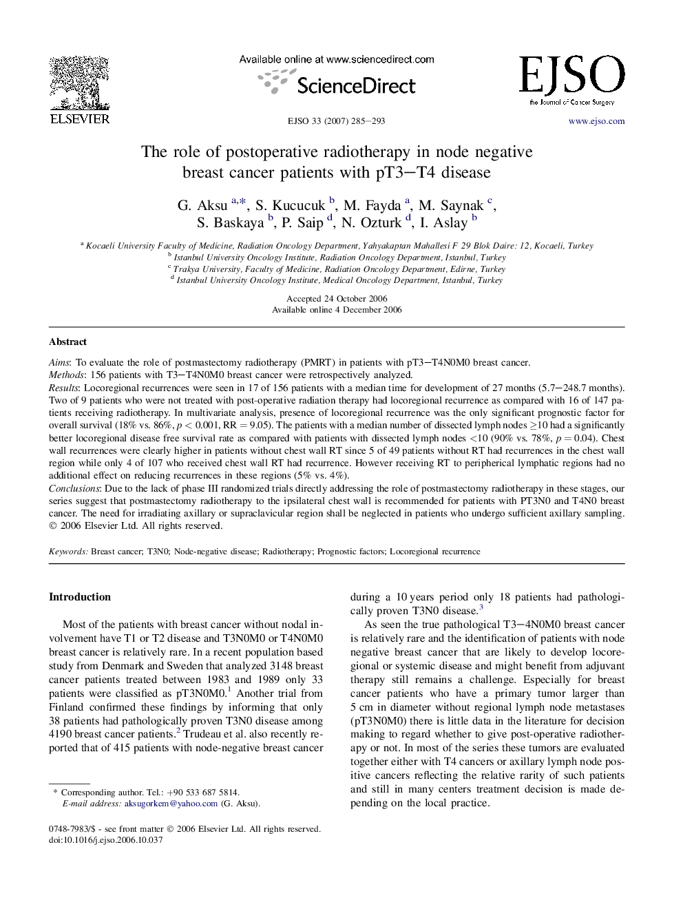 The role of postoperative radiotherapy in node negative breast cancer patients with pT3–T4 disease