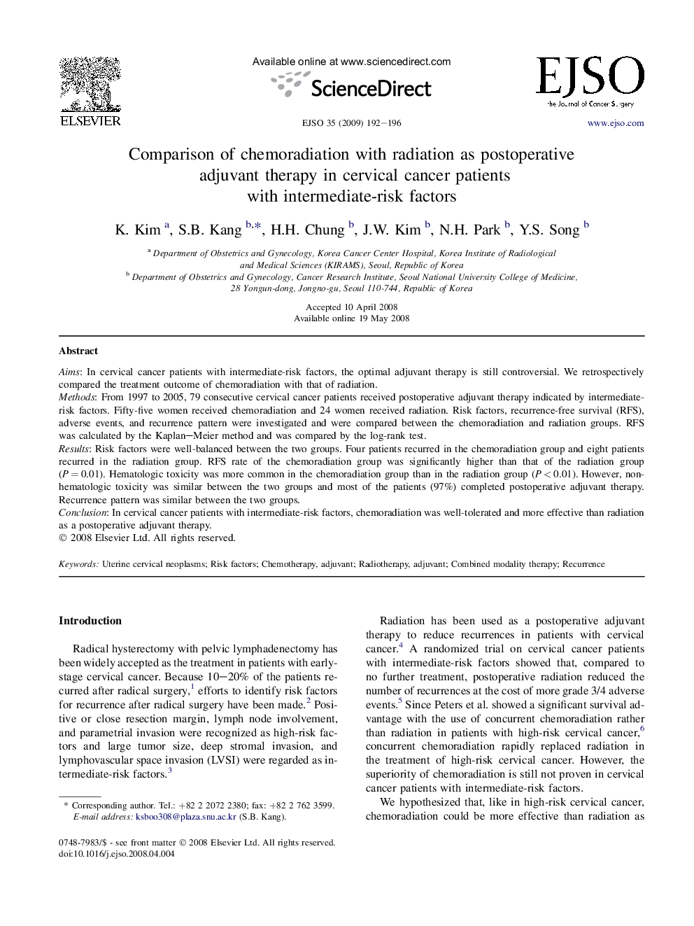 Comparison of chemoradiation with radiation as postoperative adjuvant therapy in cervical cancer patients with intermediate-risk factors