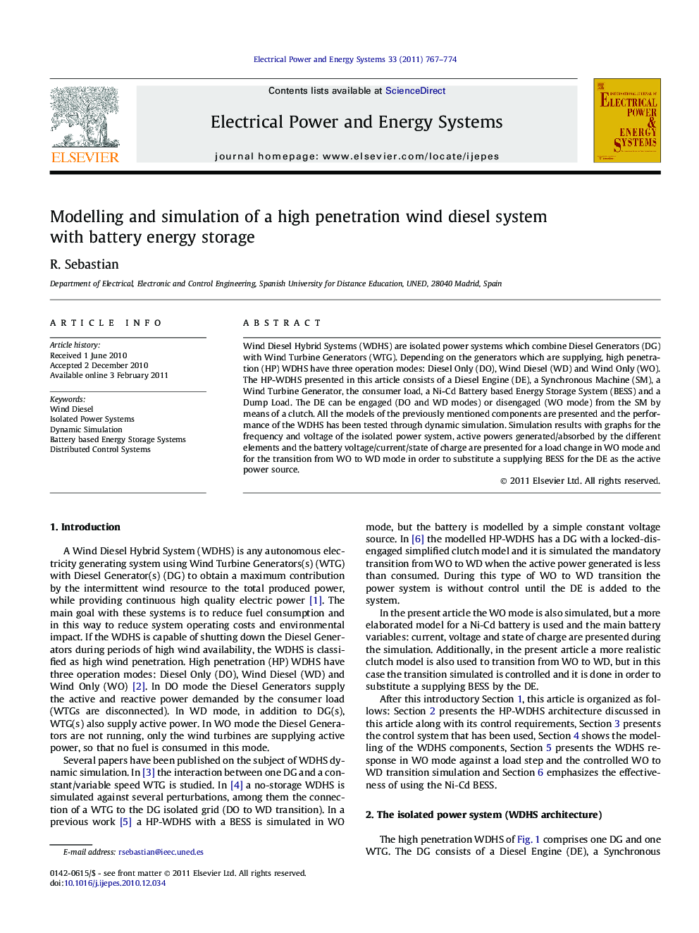 عکس صفحه اول مقاله: Modelling and simulation of a high penetration wind diesel system with battery energy storage Modelling and simulation of a high penetration wind diesel system with battery energy storage