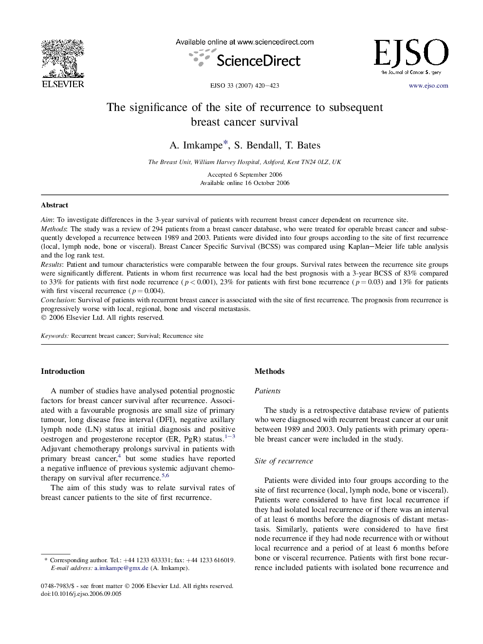 The significance of the site of recurrence to subsequent breast cancer survival