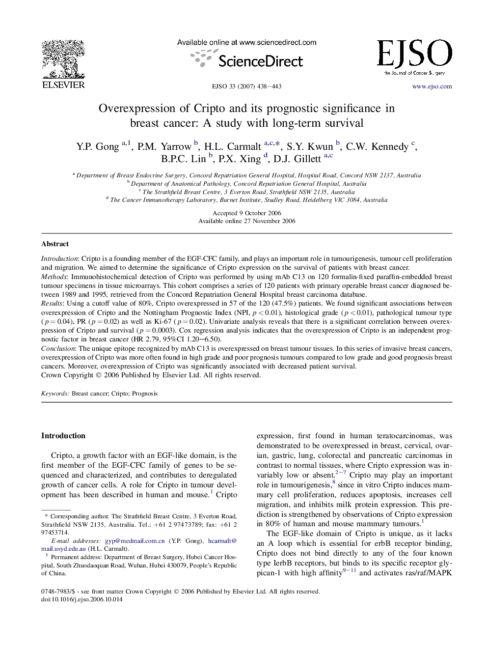 Overexpression of Cripto and its prognostic significance in breast cancer: A study with long-term survival