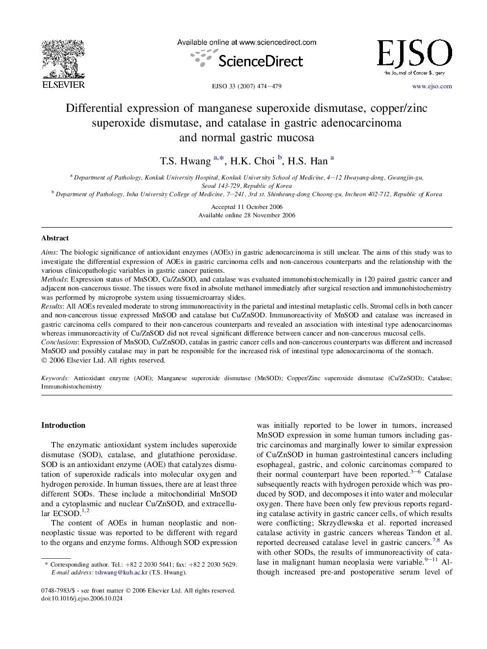 Differential expression of manganese superoxide dismutase, copper/zinc superoxide dismutase, and catalase in gastric adenocarcinoma and normal gastric mucosa