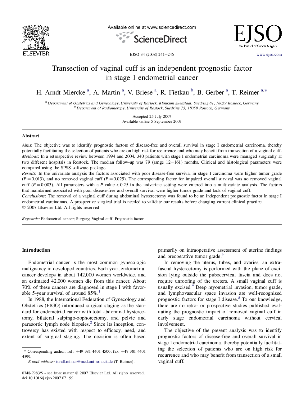 Transection of vaginal cuff is an independent prognostic factor in stage I endometrial cancer