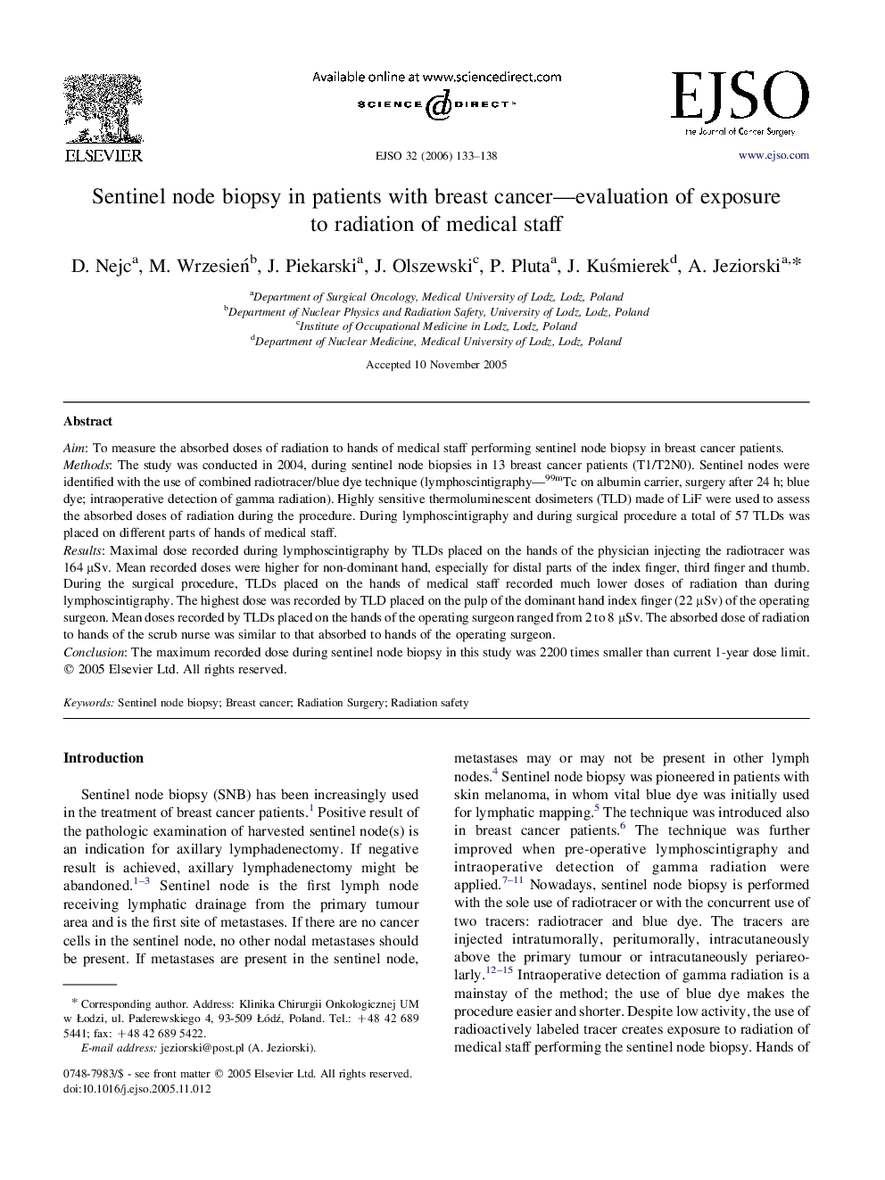 Sentinel node biopsy in patients with breast cancer—evaluation of exposureto radiation of medical staff