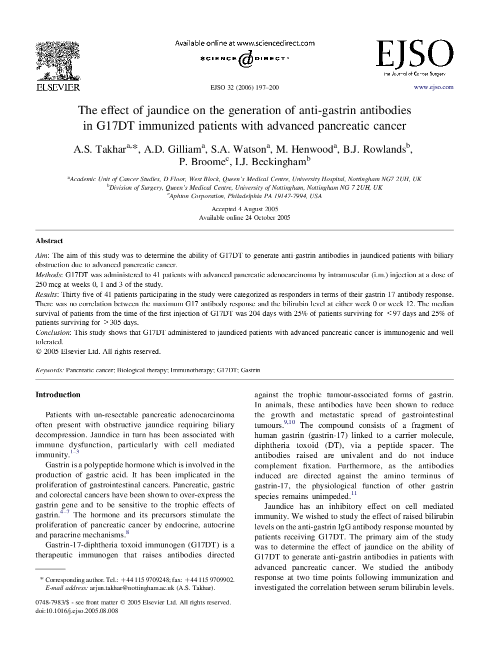 The effect of jaundice on the generation of anti-gastrin antibodies in G17DT immunized patients with advanced pancreatic cancer