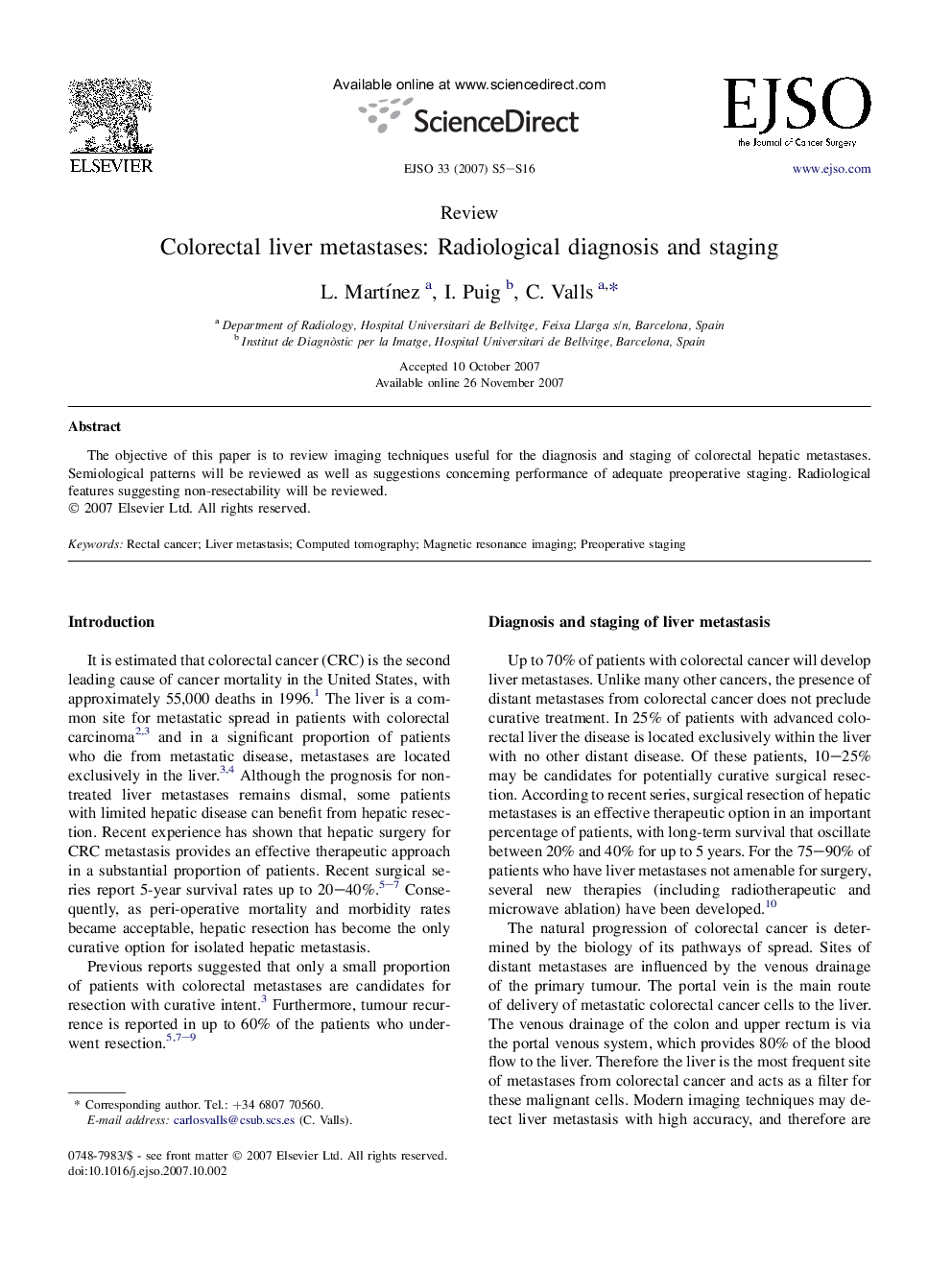 Colorectal liver metastases: Radiological diagnosis and staging