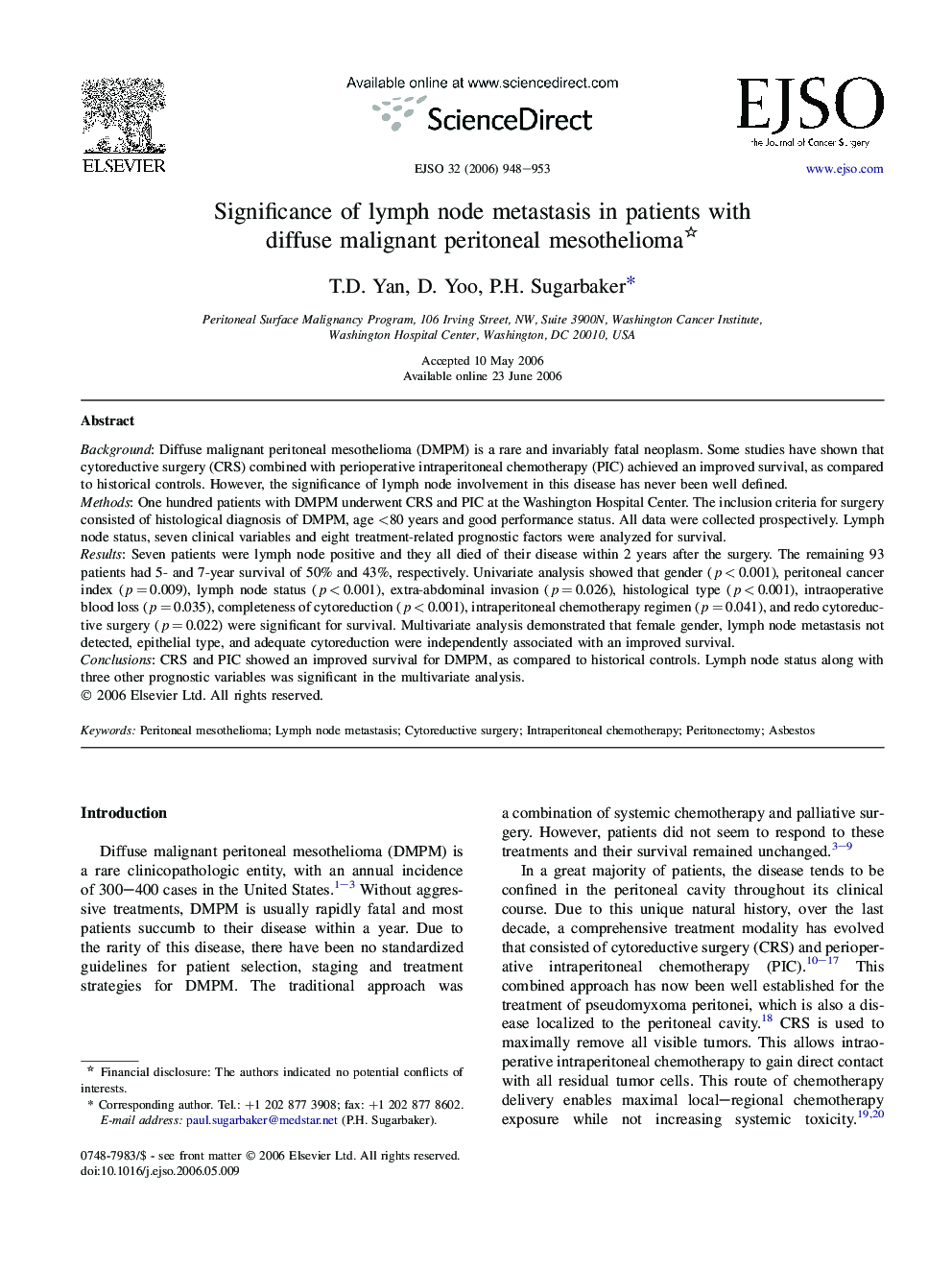 Significance of lymph node metastasis in patients with diffuse malignant peritoneal mesothelioma 