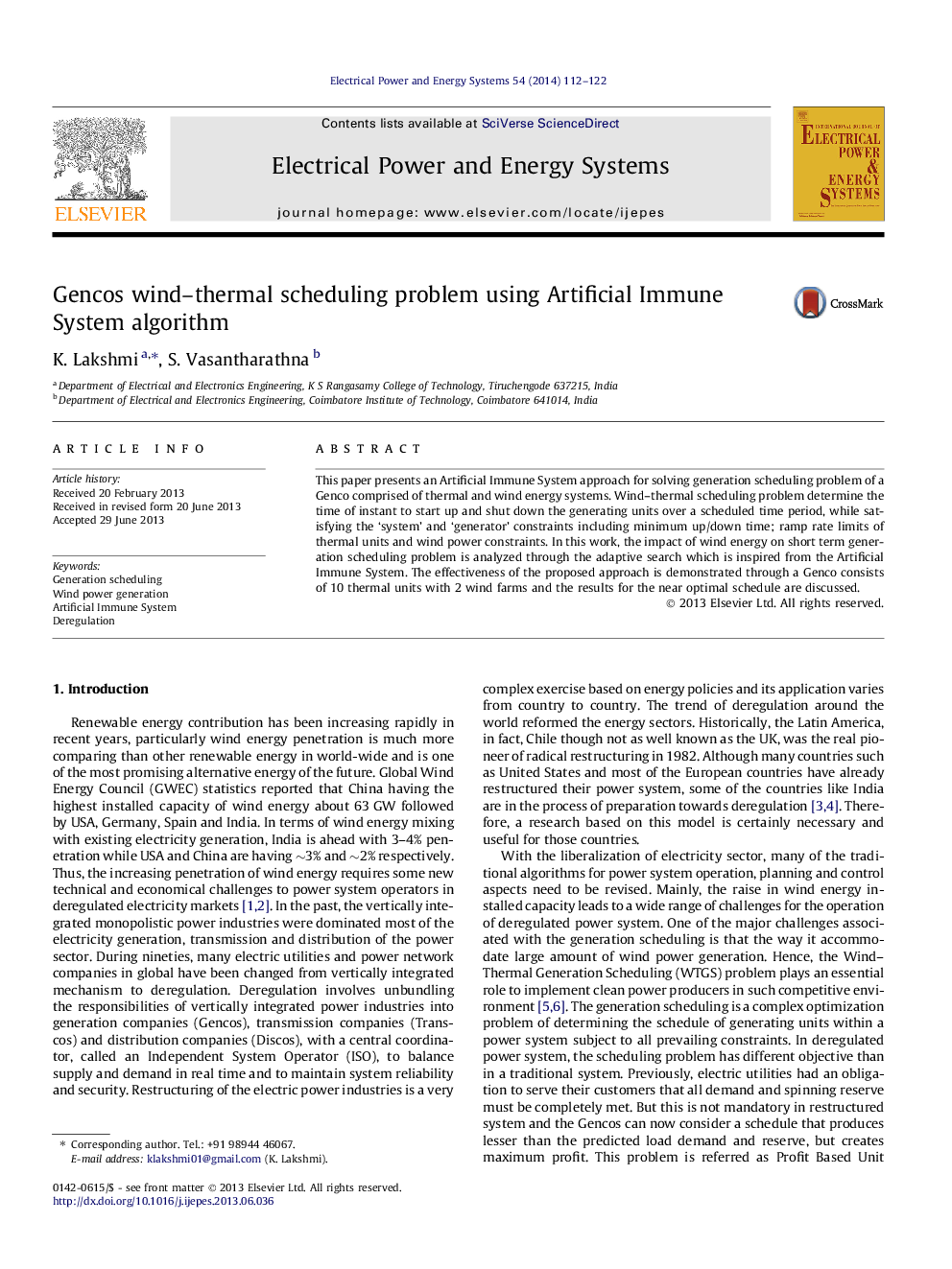 Gencos wind–thermal scheduling problem using Artificial Immune System algorithm