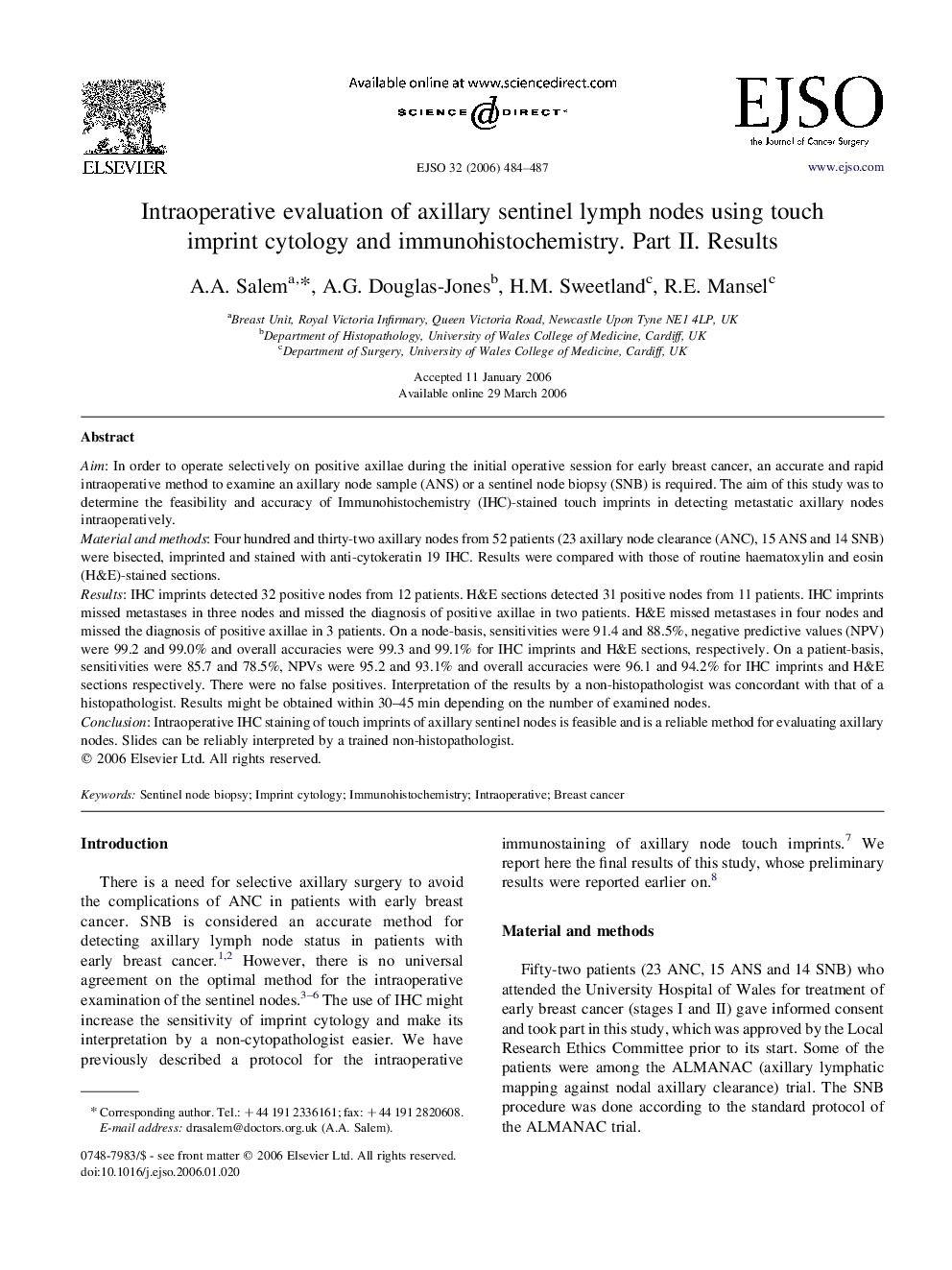 Intraoperative evaluation of axillary sentinel lymph nodes using touch imprint cytology and immunohistochemistry. Part II. Results