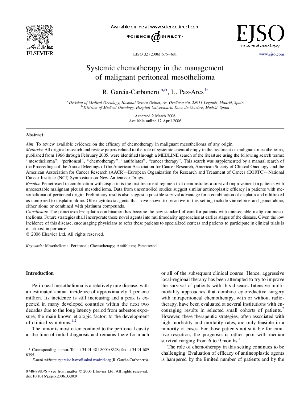 Systemic chemotherapy in the management of malignant peritoneal mesothelioma