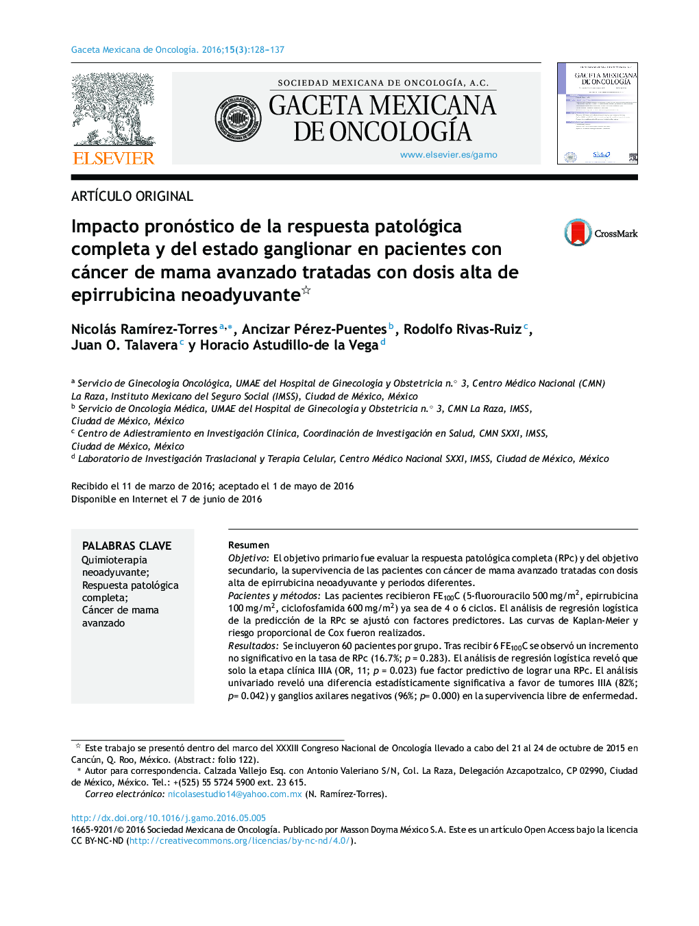 Impacto pronóstico de la respuesta patológica completa y del estado ganglionar en pacientes con cáncer de mama avanzado tratadas con dosis alta de epirrubicina neoadyuvante 