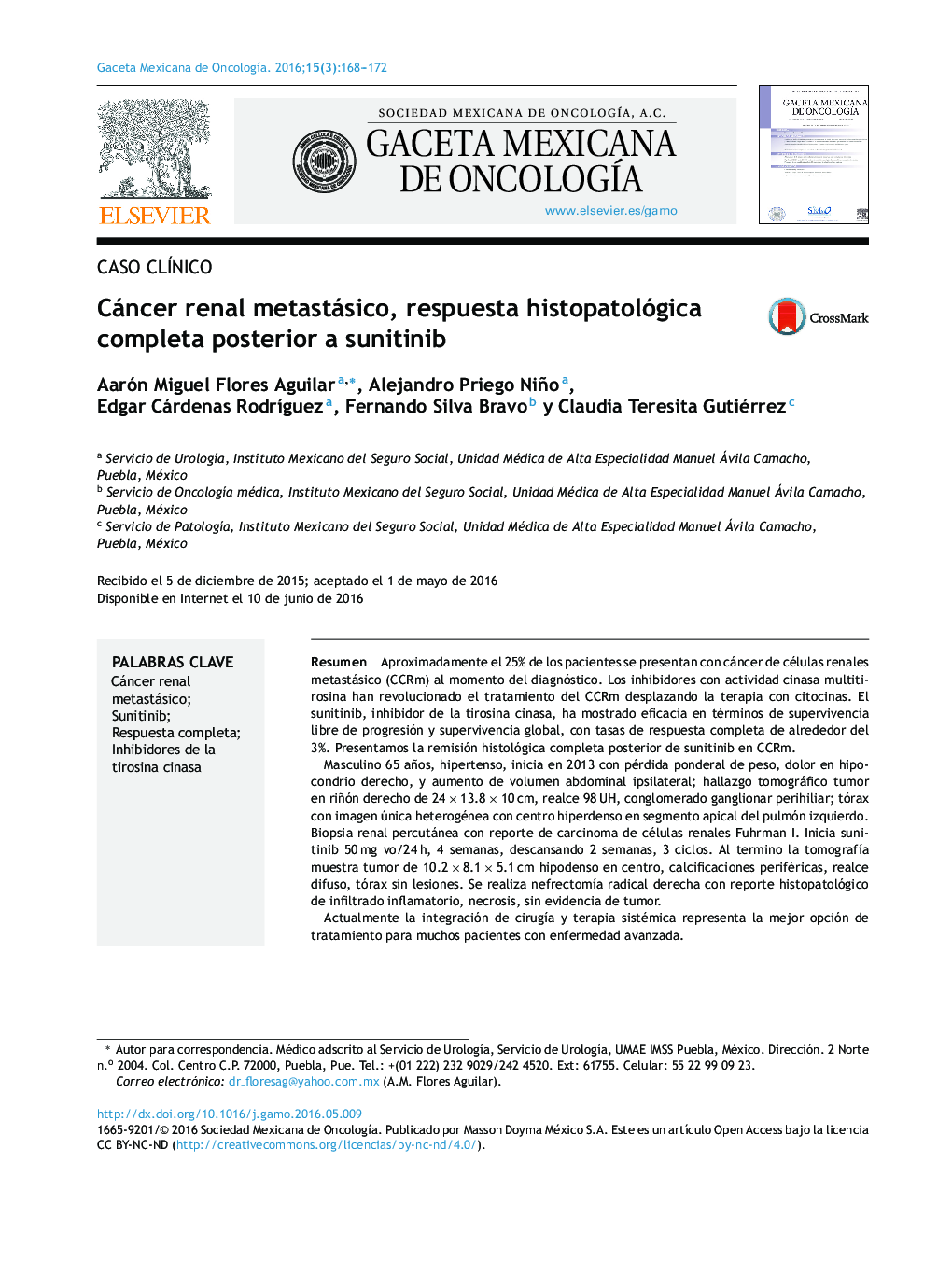 Cáncer renal metastásico, respuesta histopatológica completa posterior a sunitinib
