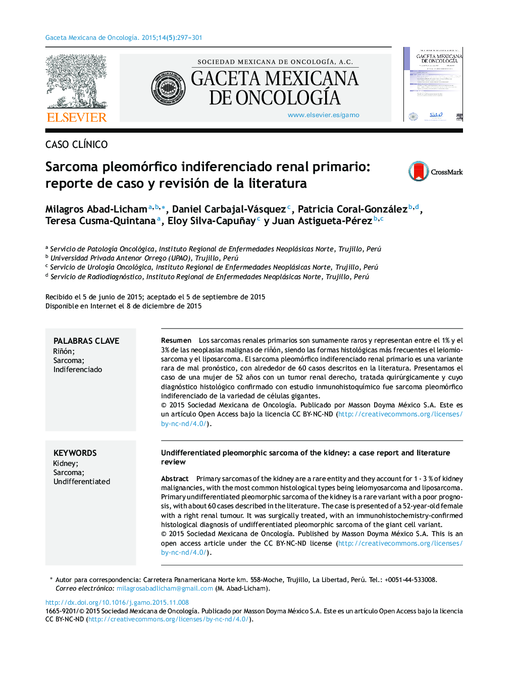 Sarcoma pleomórfico indiferenciado renal primario: reporte de caso y revisión de la literatura