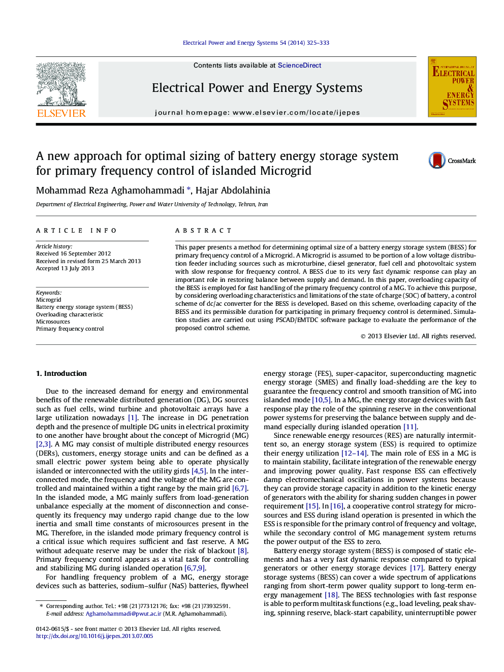 A new approach for optimal sizing of battery energy storage system for primary frequency control of islanded Microgrid