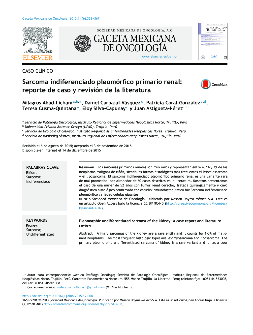 Sarcoma indiferenciado pleomórfico primario renal: reporte de caso y revisión de la literatura