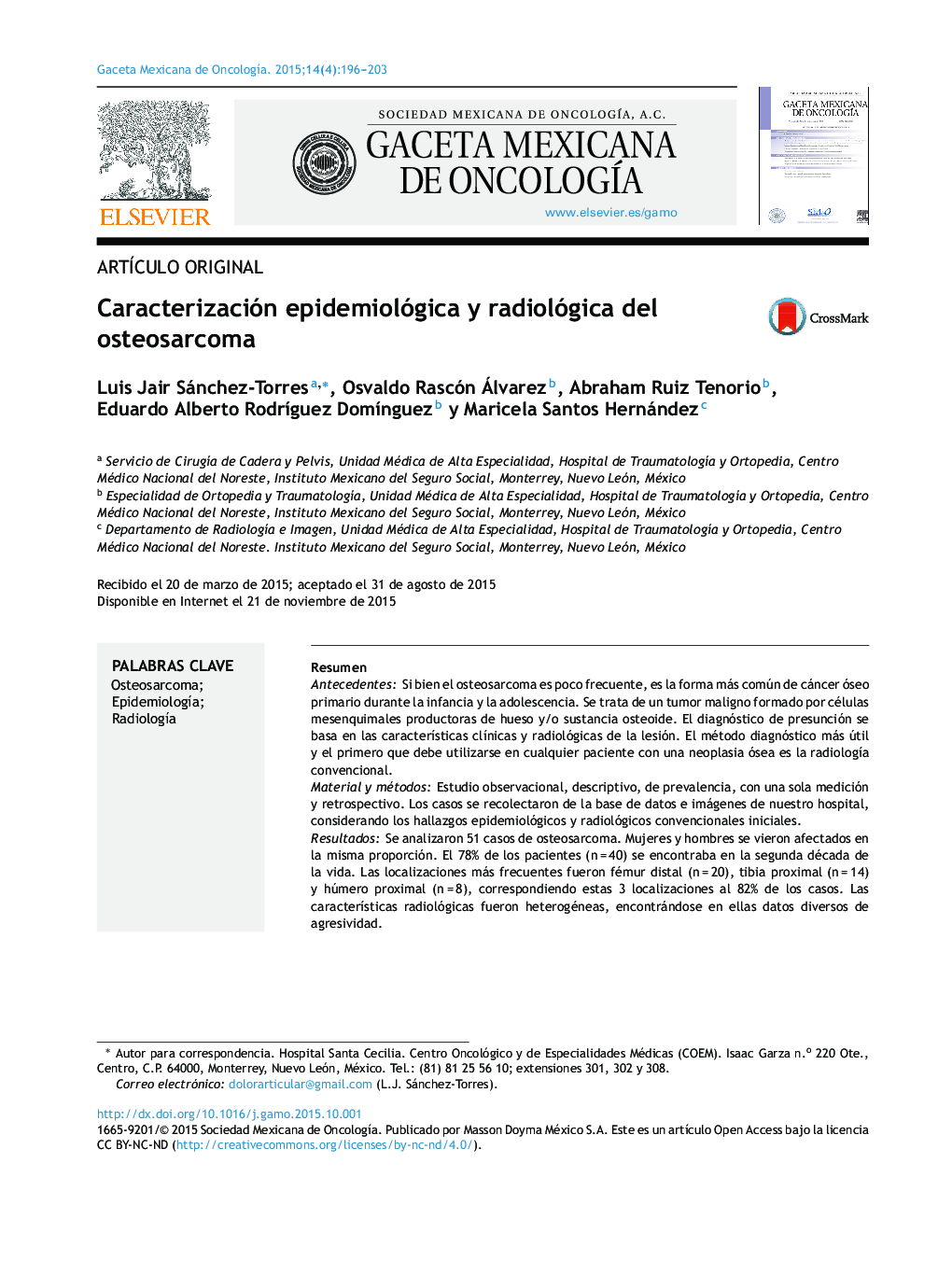 Caracterización epidemiológica y radiológica del osteosarcoma