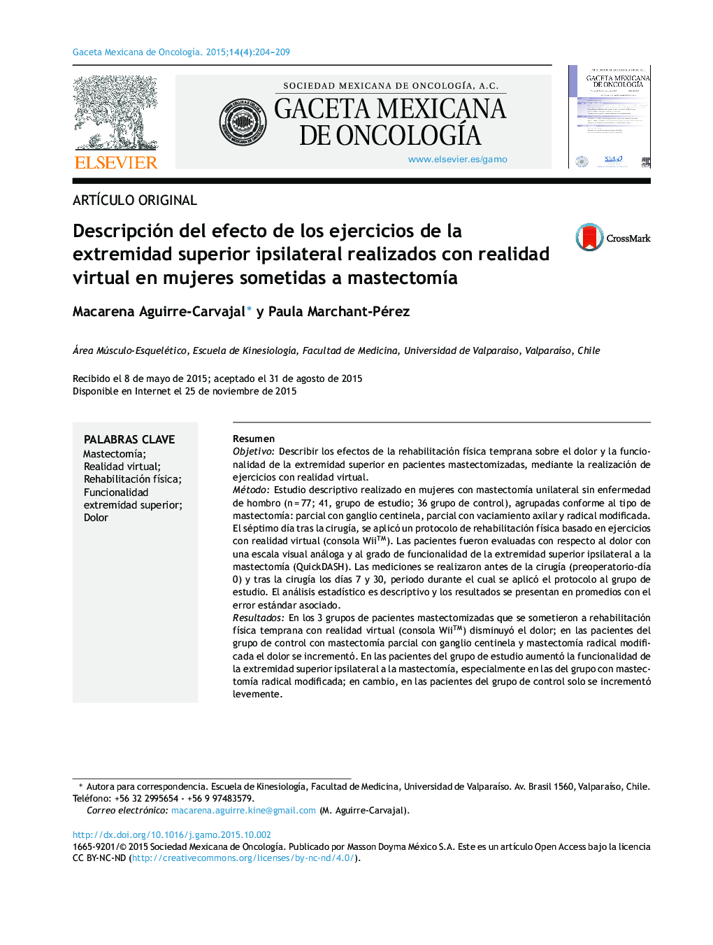 Descripción del efecto de los ejercicios de la extremidad superior ipsilateral realizados con realidad virtual en mujeres sometidas a mastectomía