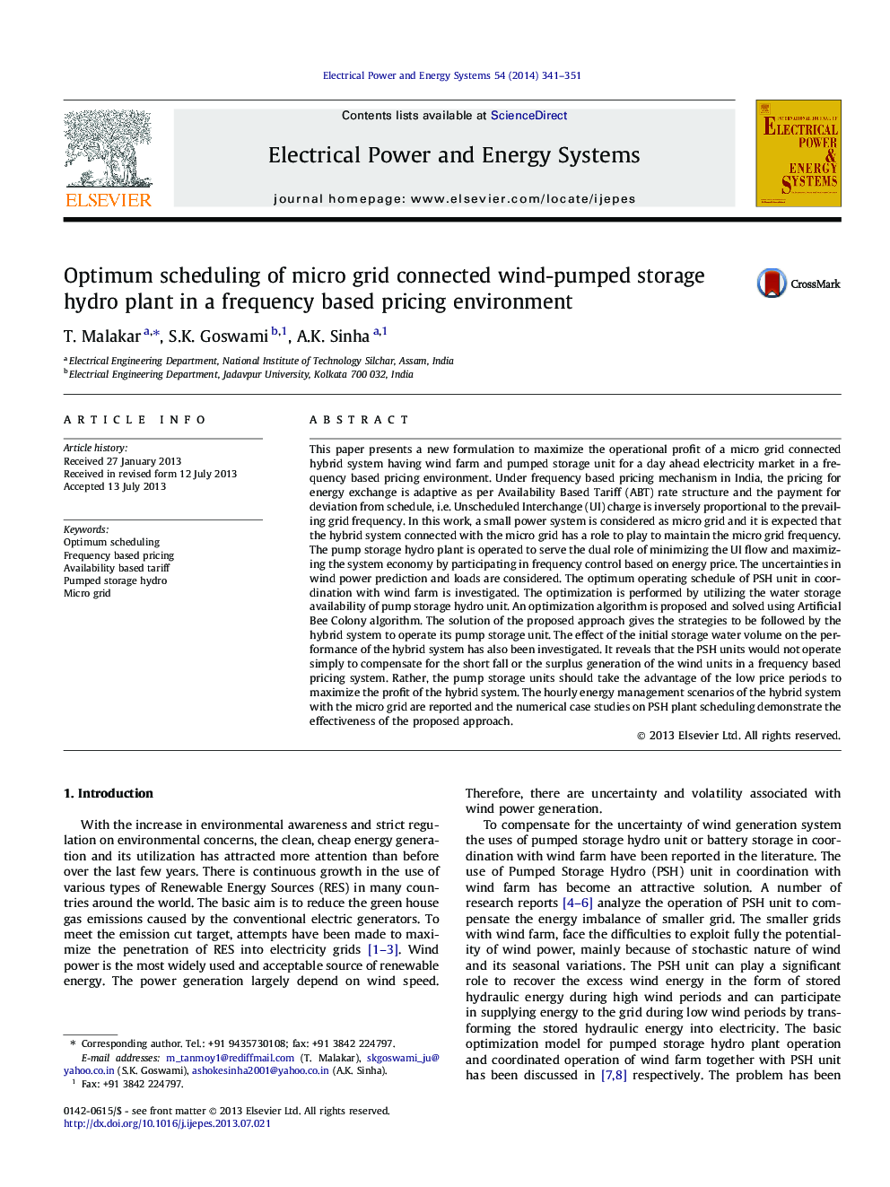 Optimum scheduling of micro grid connected wind-pumped storage hydro plant in a frequency based pricing environment