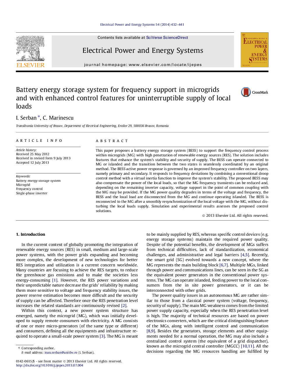 Battery energy storage system for frequency support in microgrids and with enhanced control features for uninterruptible supply of local loads