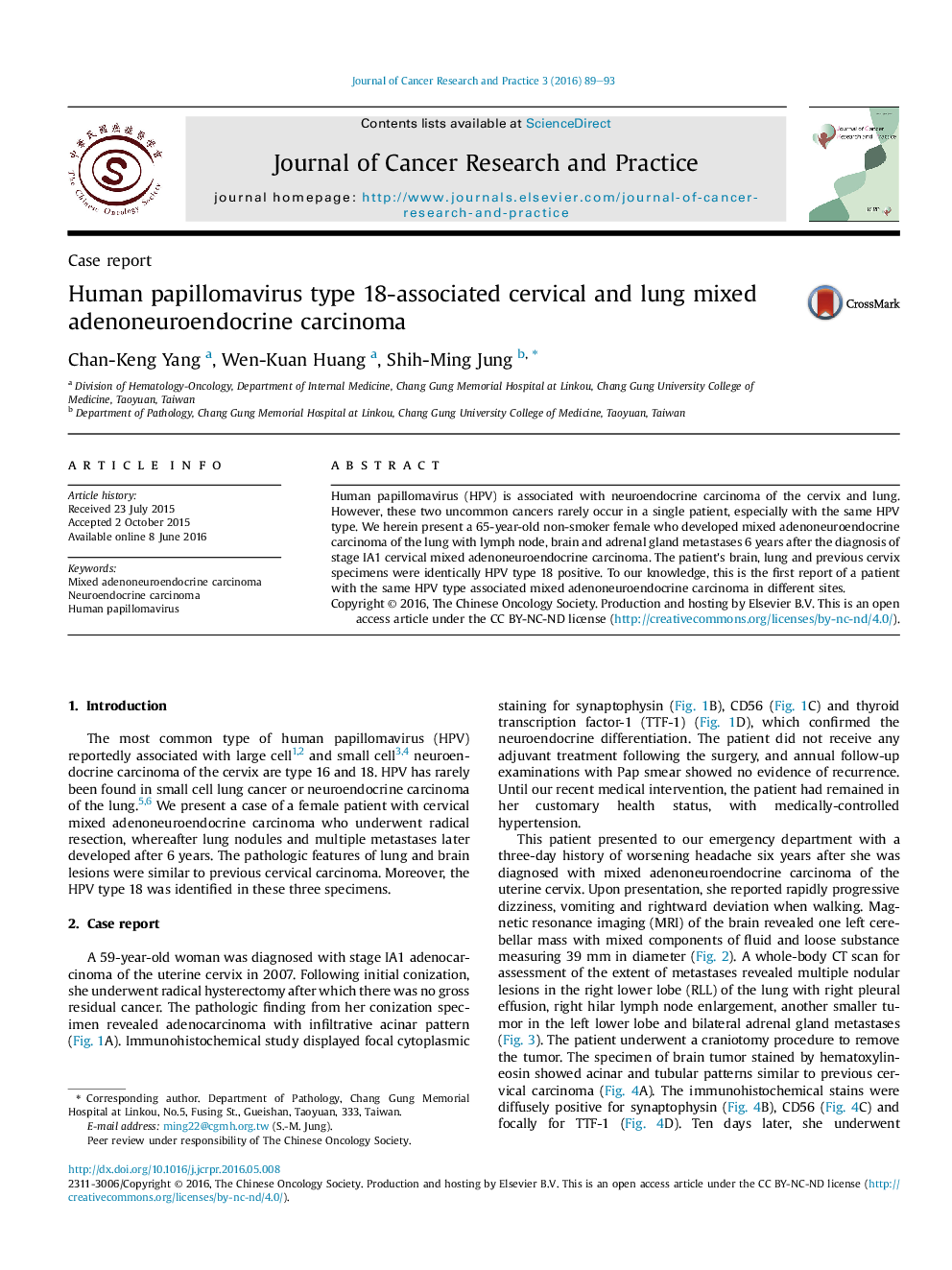 Human papillomavirus type 18-associated cervical and lung mixed adenoneuroendocrine carcinoma 