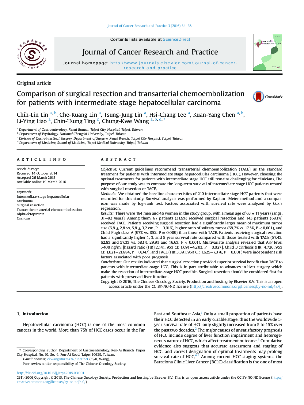 Comparison of surgical resection and transarterial chemoembolization for patients with intermediate stage hepatocellular carcinoma 