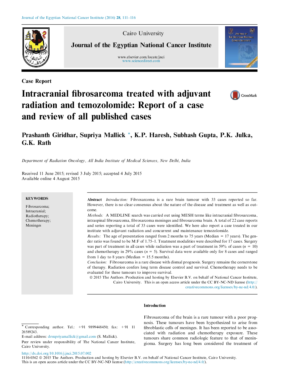 Intracranial fibrosarcoma treated with adjuvant radiation and temozolomide: Report of a case and review of all published cases 