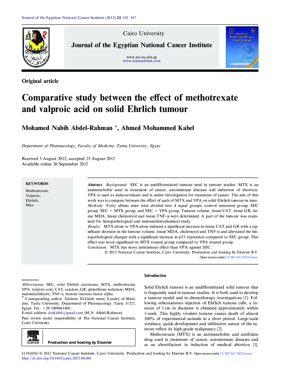 Comparative study between the effect of methotrexate and valproic acid on solid Ehrlich tumour 