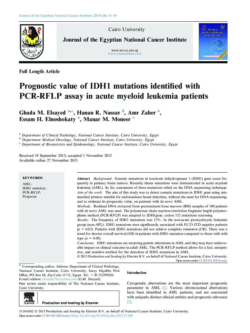 Prognostic value of IDH1 mutations identified with PCR-RFLP assay in acute myeloid leukemia patients 