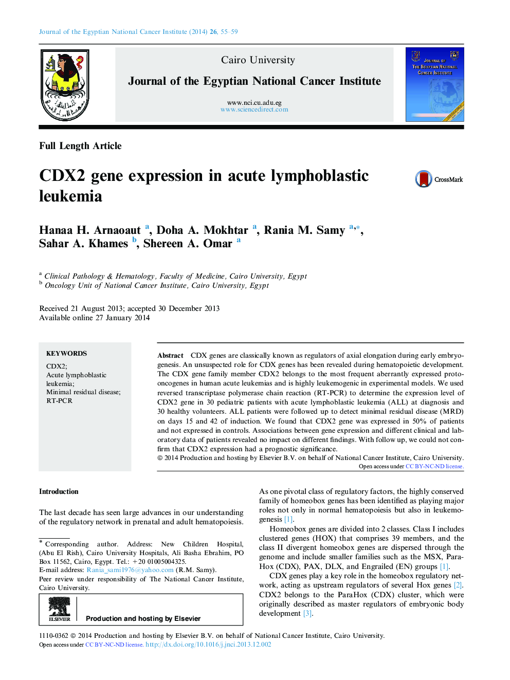 CDX2 gene expression in acute lymphoblastic leukemia 